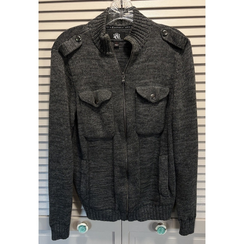Rock & Republic Gray Sweater Collared‎ Neck Size Small Zip Up Pockets Snaps